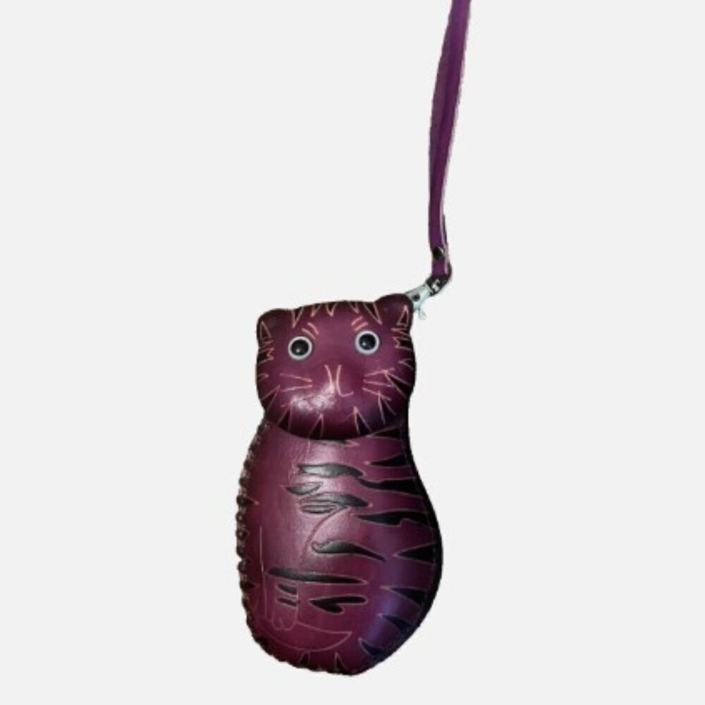 NEW Handcrafted Leather Purple Big Cat Tiger Coin Purse Wristlet